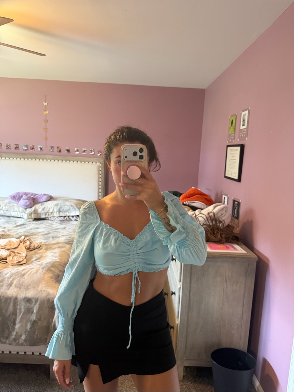 Light Blue Ruched Long-Sleeve Crop Top - Women's - Cotton